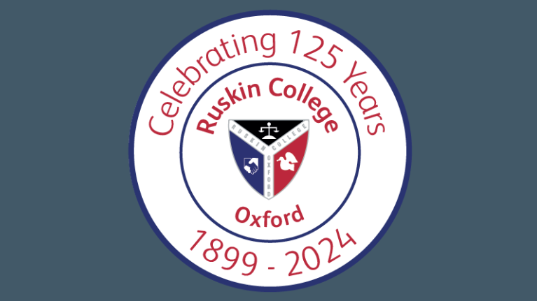 Ruskin College logo - "Celebrating 125 Years - 1899 - 2024"